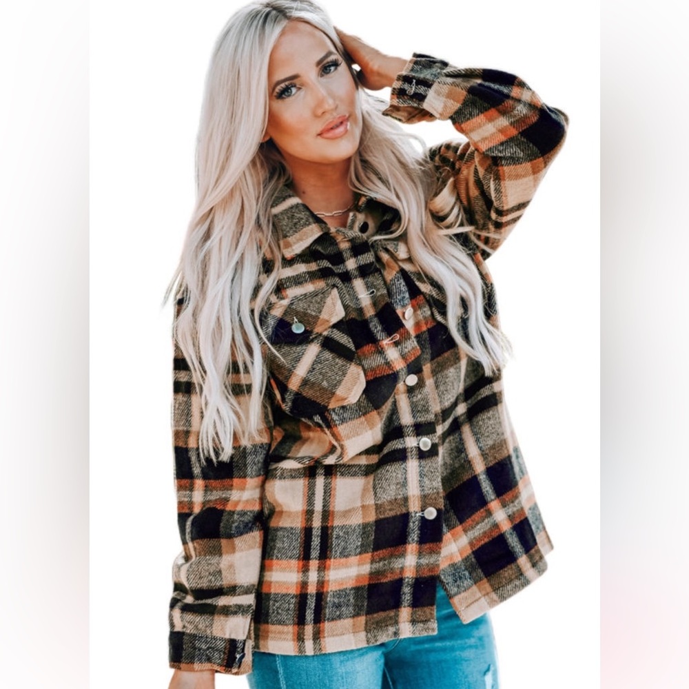 Orange geometric plaid print pocketed Shacket